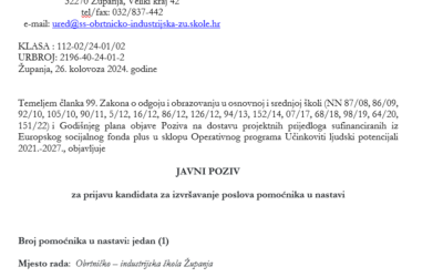 Javni poziv – pomoćnik u nastavi