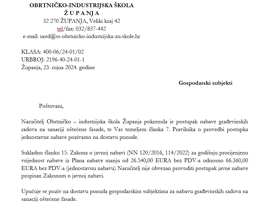 Poziv na dostavu ponuda u postupku jednostavne nabave za sanaciju fasade