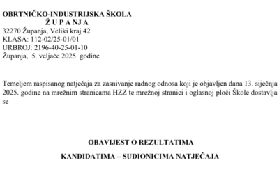 Obavijest o rezultatima natječaja